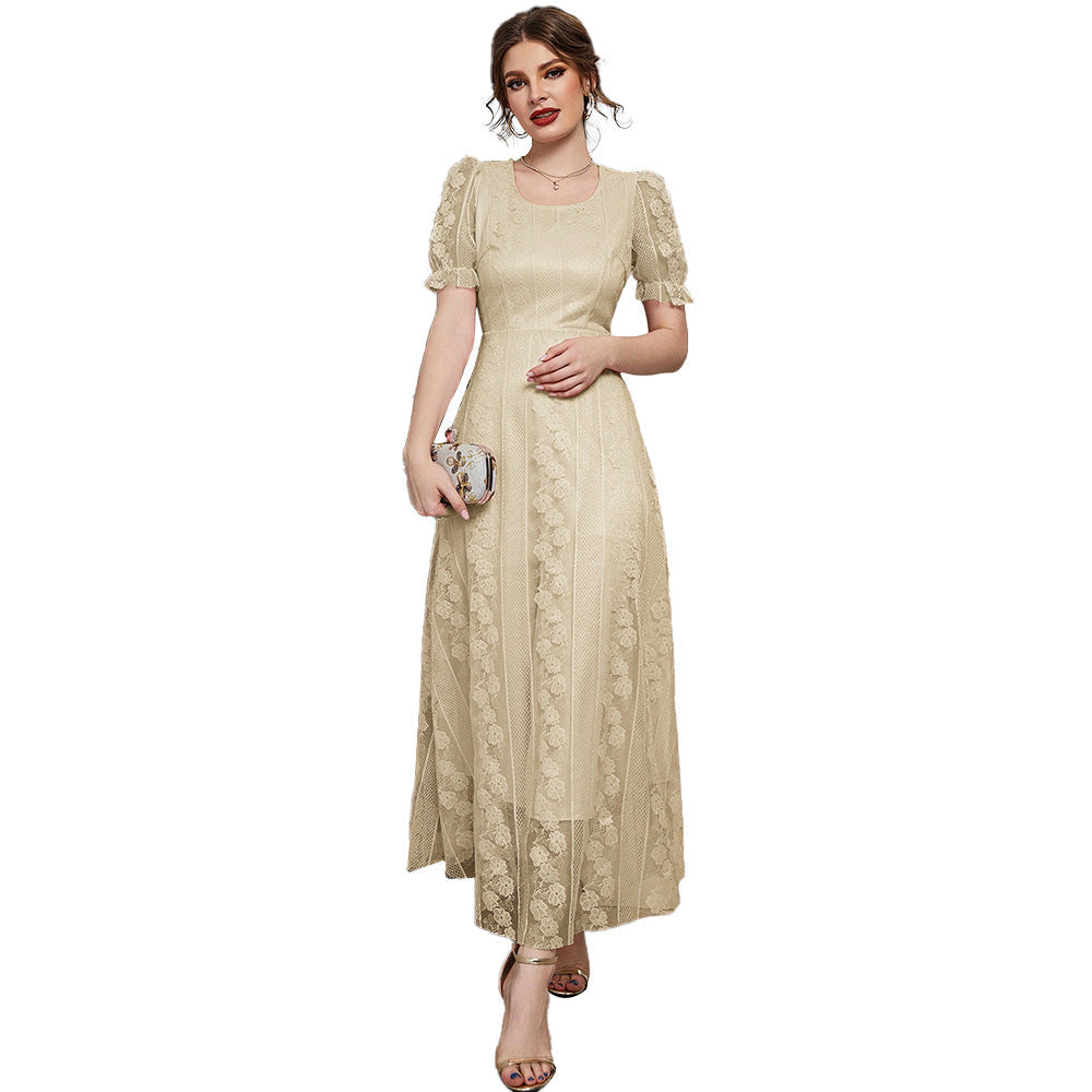 French Minority Slimming Mesh Stitching U Collar Solid Color Dress