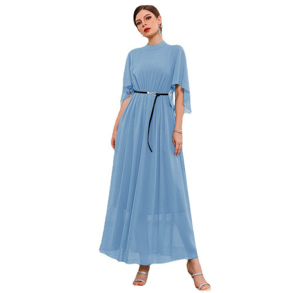 Middle East Muslim Wear High Neck Bell Sleeve Solid Color Dress