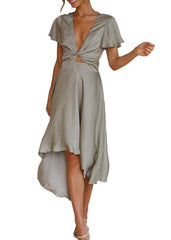 Elegant Short Sleeve V-neck Asymmetric Dress