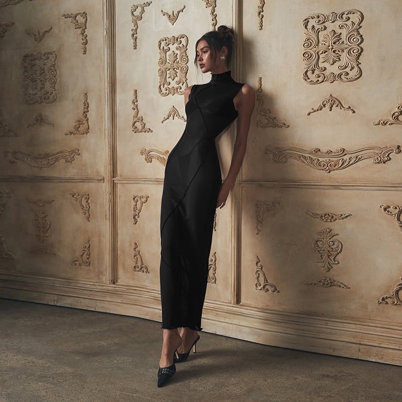 Solid Color Sheer Mesh High Waist Figure Flattering Sheath Dress