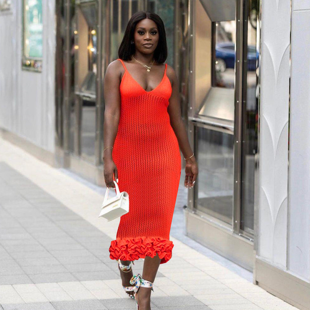 Personalized Sling Backless Wooden Ear Knitted Slim Fit Maxi Dress