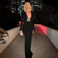 Solid Color Deep V Plunge High Waist Fishtail Dress Elegant Dress