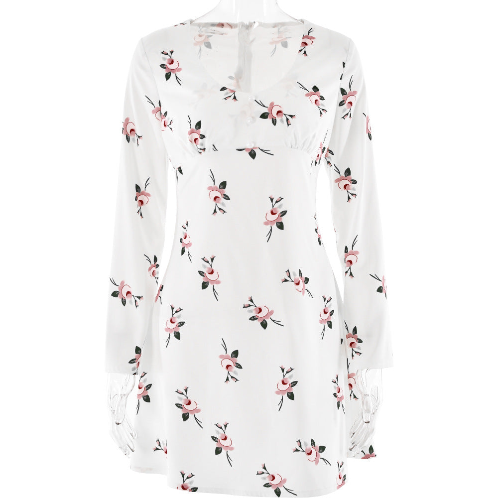 Vestido de satén estampado con escote en V y manga larga hasta la cadera