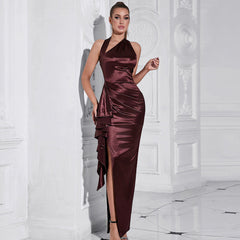 Solid Color Halter Diagonal Collar Dress Waist Fold Split Dress