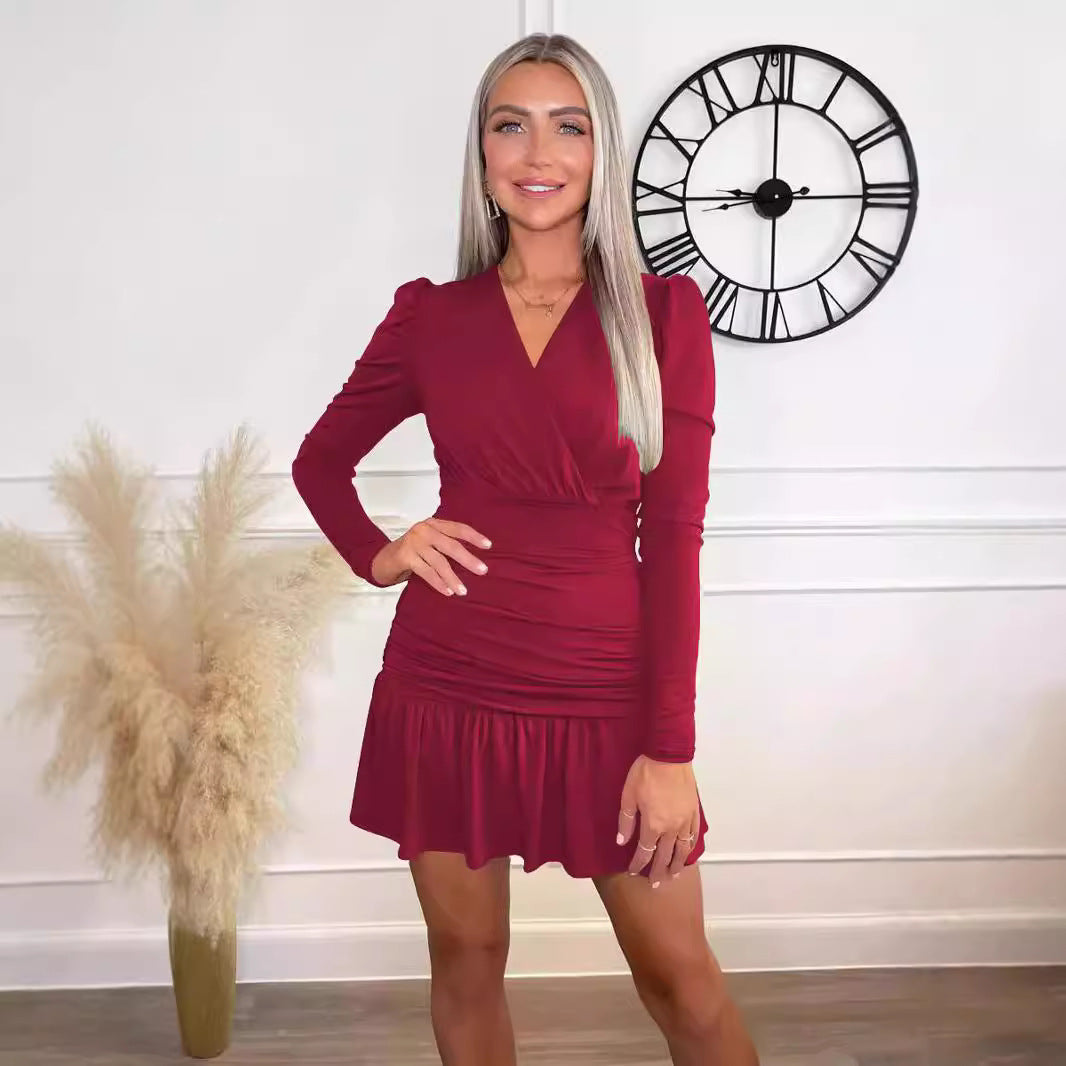 Wear  Long Sleeve Dress V Neck Pleated Slim Hip Dress
