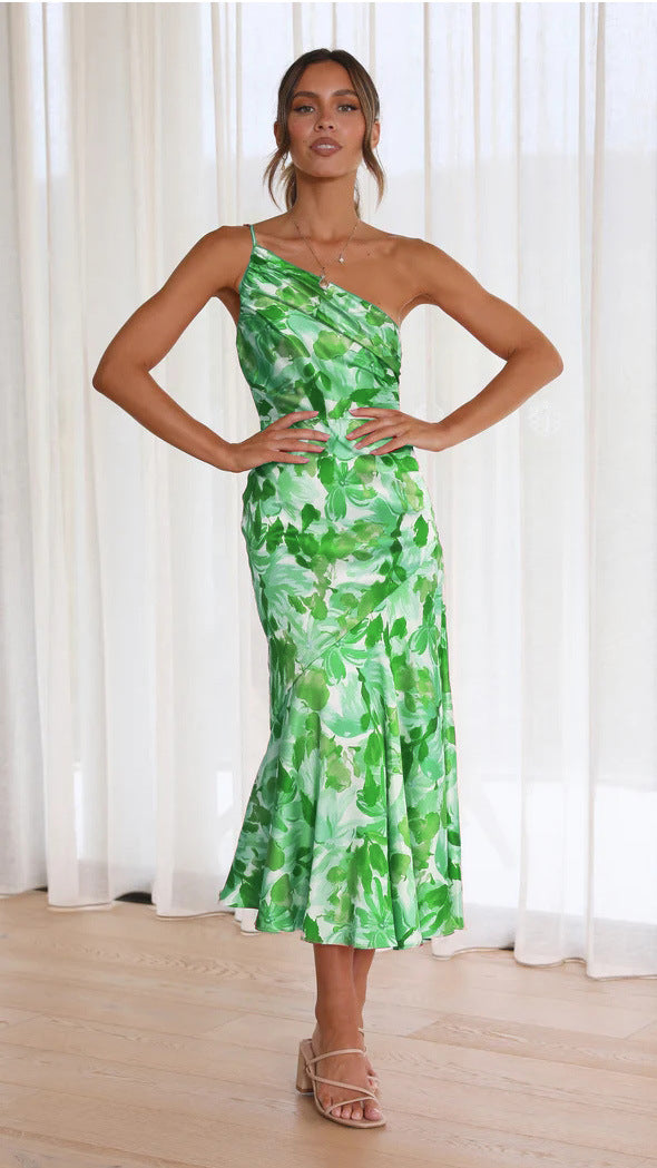 Diagonal Collar Strap Fishtail Printing Dress