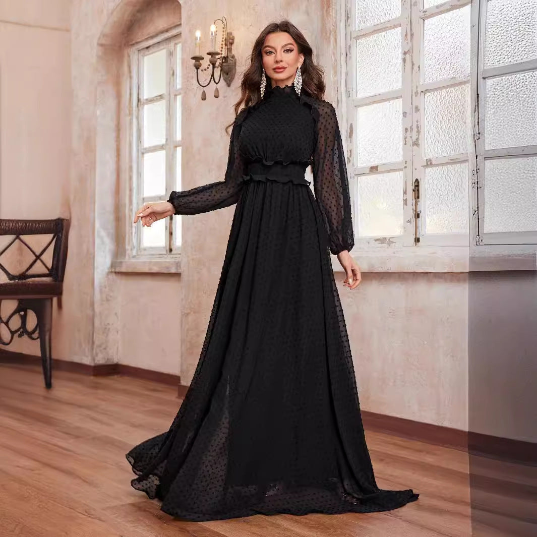 Vestido elegante de gasa largo con cuello alto, lunares, manga larga y orejas de madera