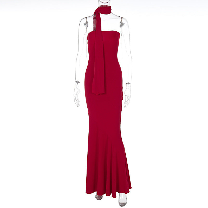 Vestido elegante de otoño, ajustado, de cintura media, cruzado en el pecho, con dobladillo de pez y estampado de chal en la parte inferior