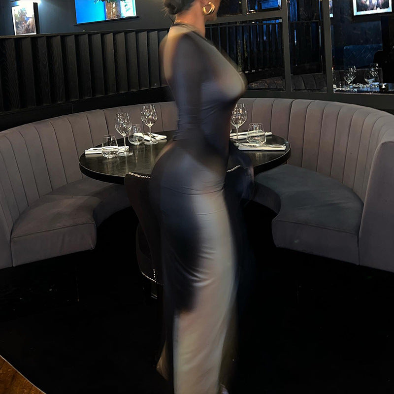 round Neck Long Sleeved Dress Tight Split Maxi Dress