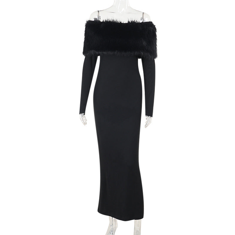 Maxi Dress Elegant off Shoulder Fur Collar Slim Fit