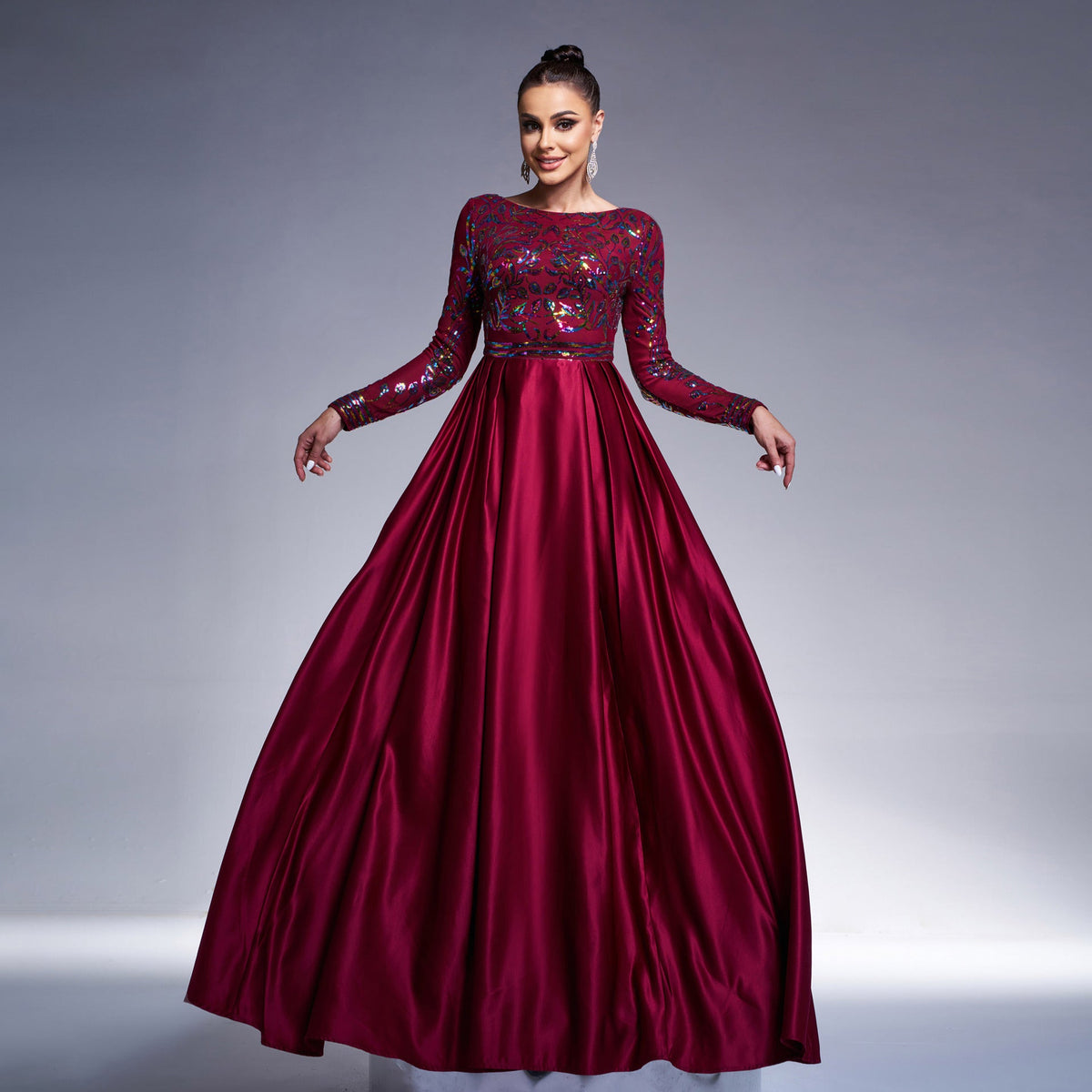 Long Sleeve Crew Neck Long Sequined Cocktail Large Swing Evening Dress Bridesmaid