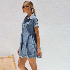 Short Sleeve Collared Casual Denim Dress