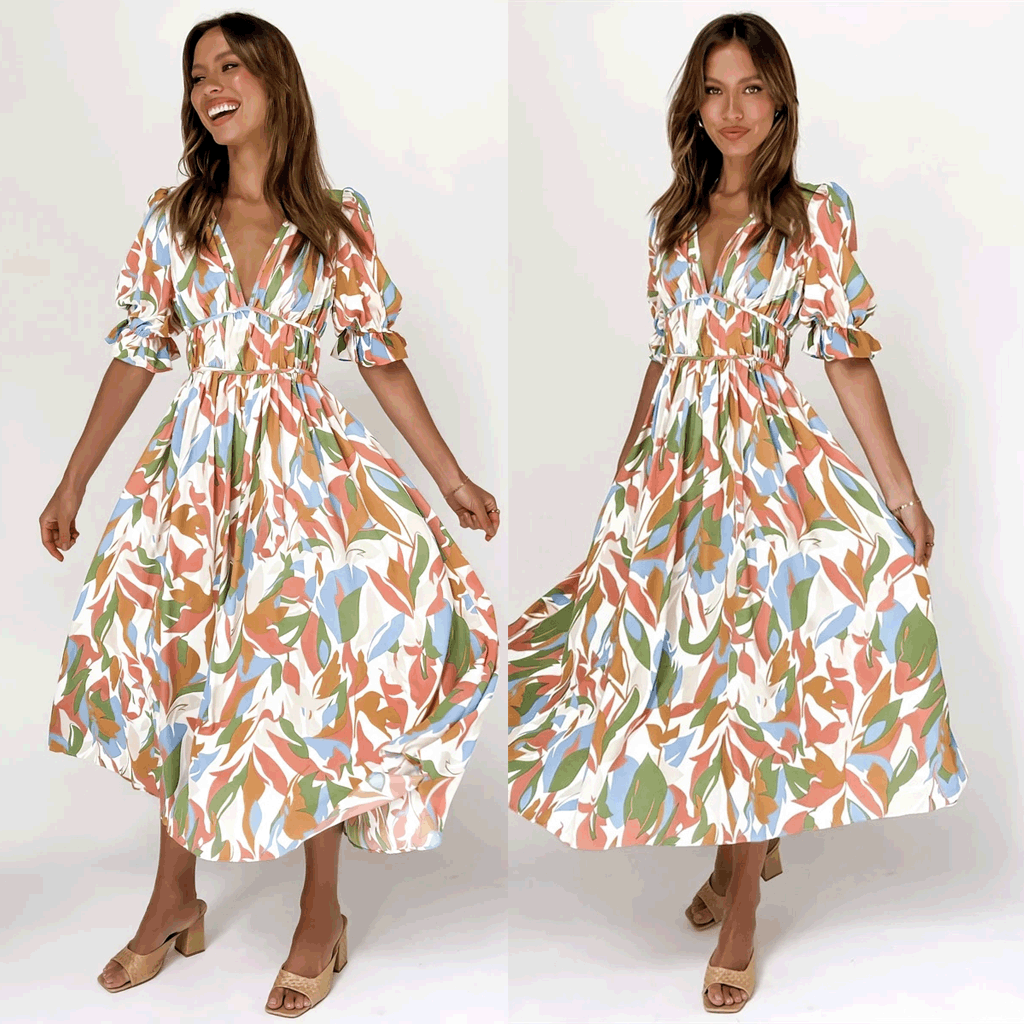 Digital Floral Print Fresh Sweet Mid-Length Dress