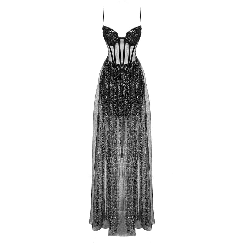 Black Suspender Gold Sleeveless Mesh Pleating Patchwork Maxi Dress Dress