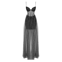 Black Suspender Gold Sleeveless Mesh Pleating Patchwork Maxi Dress Dress