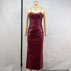 Elegant Faux Leather Tube Top Strap Fold Split Dress