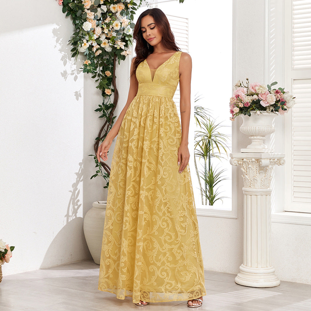 Vestido de noche elegante con escote en V doble y encaje sin mangas con espalda descubierta y cremallera con forro completo para fiesta