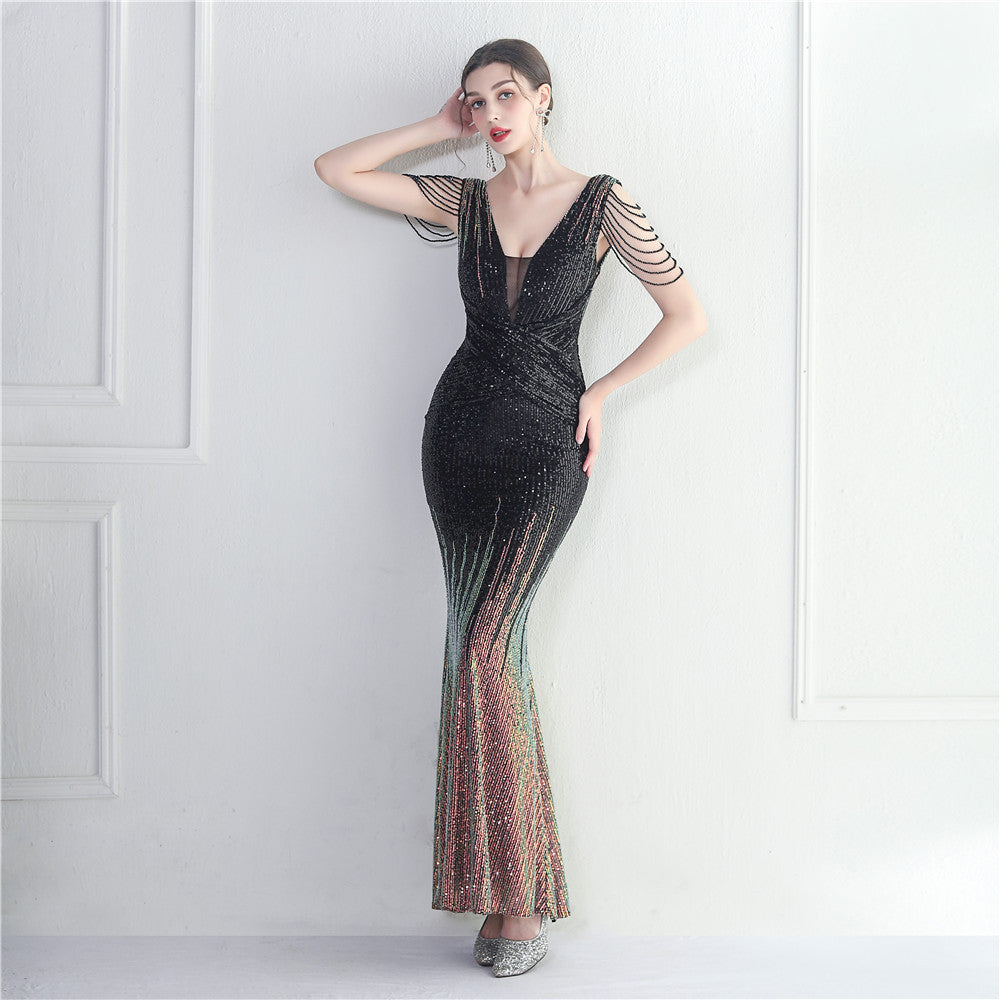 Craft Beaded Sequined Car Model Exhibition Host Dinner Long Evening Dress Fishtail Dress