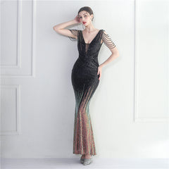 Craft Beaded Sequined Car Model Exhibition Host Dinner Long Evening Dress Fishtail Dress