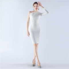 Craft Order Ostrich Feather One Shoulder Diagonal Collar Long Sleeve Short Dress