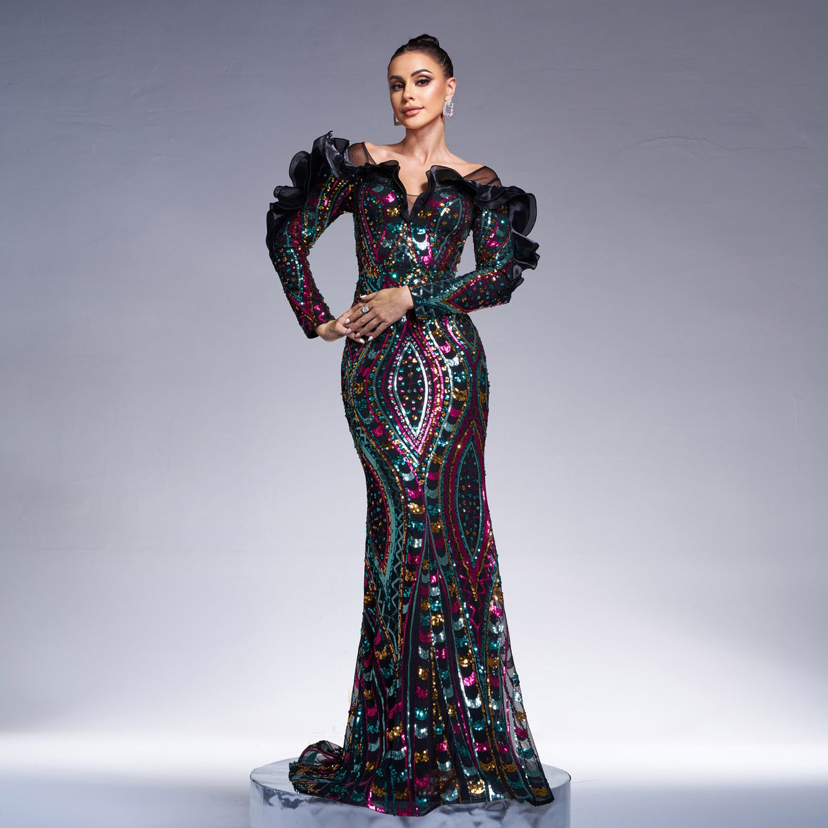 Vestido de noche de cóctel con cola de pez y manga larga, escote en V, ahuecado y con lentejuelas para dama de honor