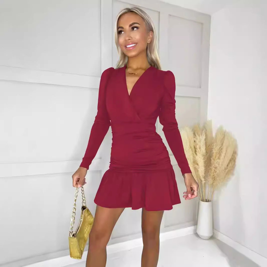 Wear  Long Sleeve Dress V Neck Pleated Slim Hip Dress