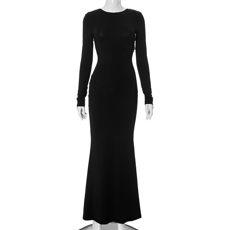 Backless Bow Long Sleeve Narrow Maxi Dress AmiEmi Backless Bow Long Sleeve Narrow Maxi Dress AmiEmi