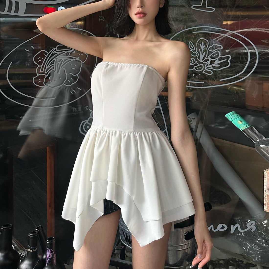 Tube Top Irregular Ruffle Short Slim Fit Top