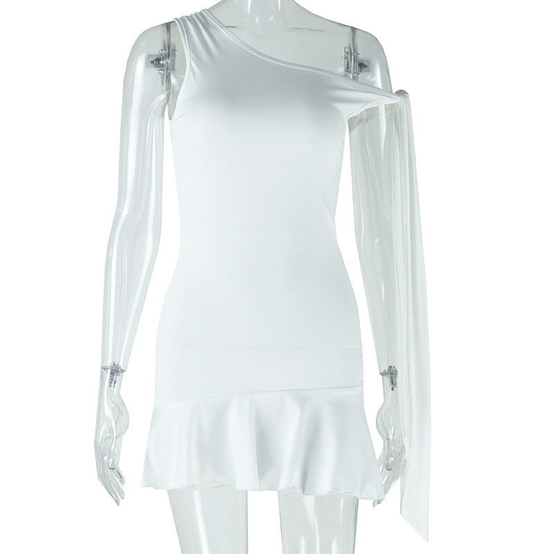 Solid Color Dress Diagonal Collar off Shoulder Sleeveless Irregular Asymmetric Dress