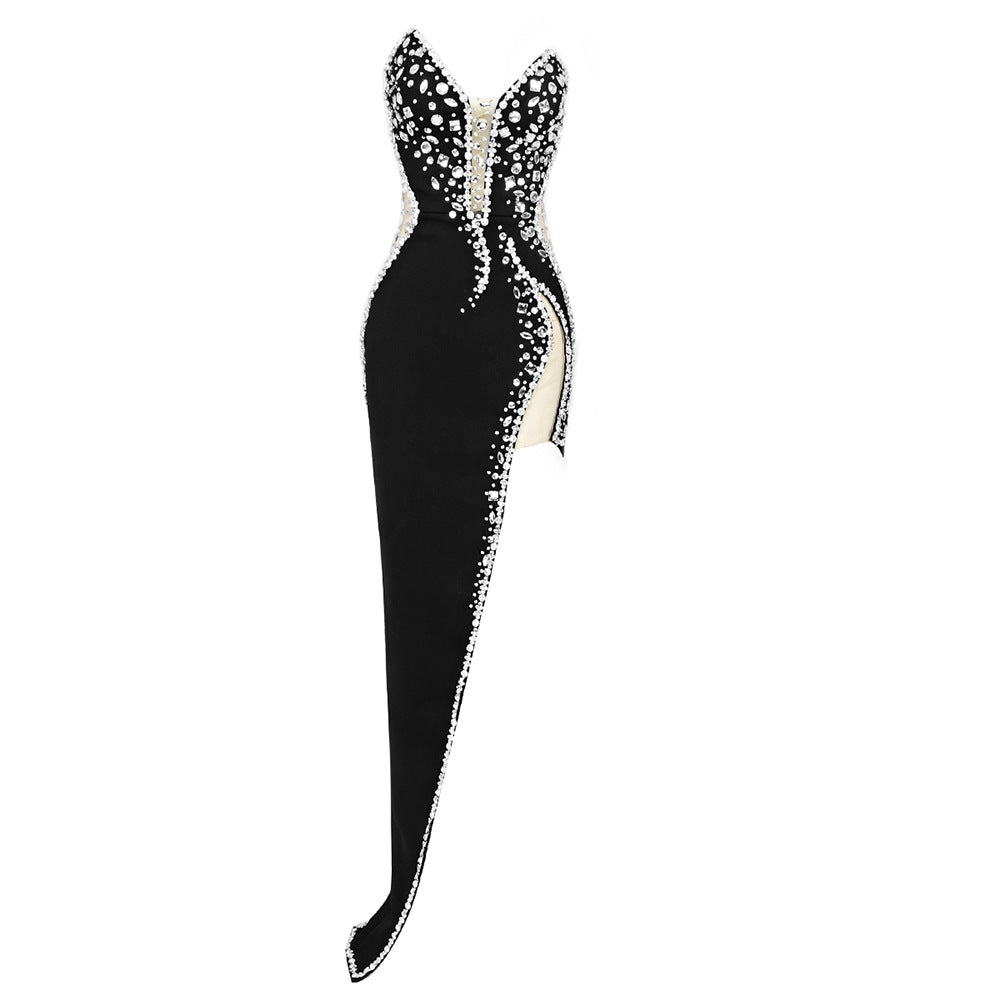 Vestido de fiesta de alta calidad con escote en V, tridimensional, ajustado, con encaje y cuentas de la industria pesada