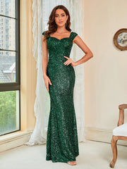 Vestido de noche elegante con lentejuelas y tirantes verdes, de talle medio, para fiesta, vestido largo tipo fregona