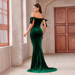 Plus Size Elegant off Shoulder Small Tail Slim Fit Solid Color Cocktail Evening Dress