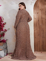 plus Size Dress Sequined Long Sleeve Prom Party Dress High Slit Fall/ Fishtail Dress