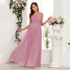 Pleated Shiny Double V Neck Large A Hem Party Evening Dress Short Sleeve Back Zipper Full Lining Prom Dress