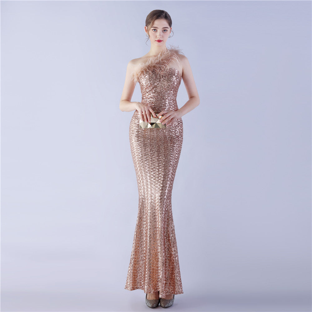 Craft Order Ostrich Feather Single Shoulder Diagonal Collar High Density Sequin High End Evening Dress