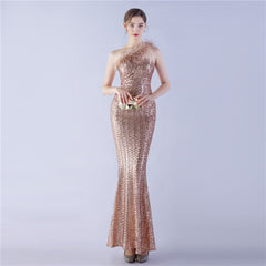 Craft Order Ostrich Feather Single Shoulder Diagonal Collar High Density Sequin High End Evening Dress