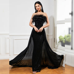 Long Sequined Sleeveless Feather Wrapped Chest Backless Cocktail Evening Dress Bridesmaid Bodycon Maxi