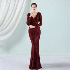 Positioning Floral Sequin Evening Banquet Elegant Long Sleeve Sequined Queen Fishtail Dress