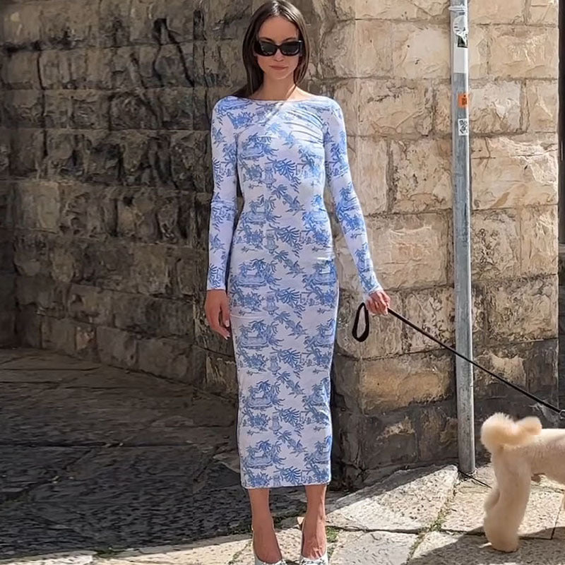 Printed Dress Backless Long Sleeves Elegant Slim Fit All Match Floral