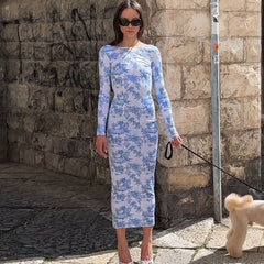 Printed Dress Backless Long Sleeves Elegant Slim Fit All Match Floral