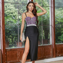Rhinestone Beaded Dress Sheath Tight Split Boning Corset Tube Top Dress