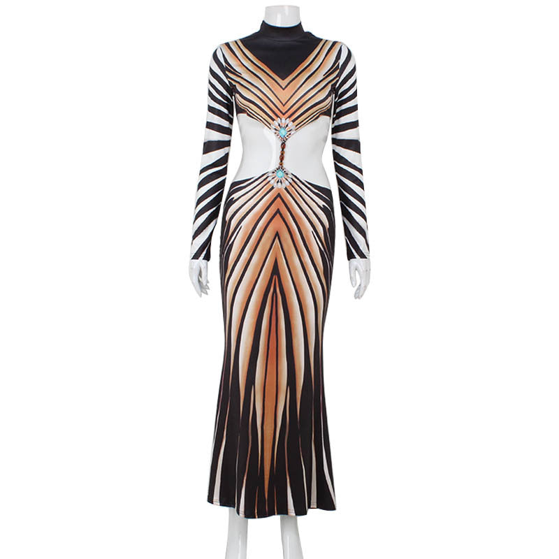 Personalized Striped Printed Ethnic Retro Hollow Out Cutout Backless Dress Performance Dress