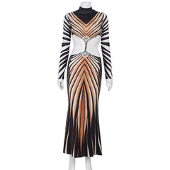 Personalized Striped Printed Ethnic Retro Hollow Out Cutout Backless Dress Performance Dress