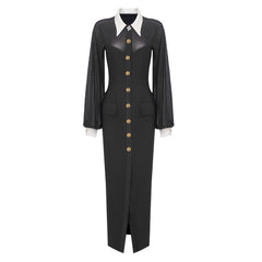White Collar Black Long Sleeve Mesh Maxi Dress Open Button Cardigan Dress Catwalk