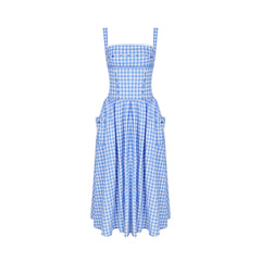 Pastoral Mid Length Blue Plaid Sling Dress High Sense Vacation Dress