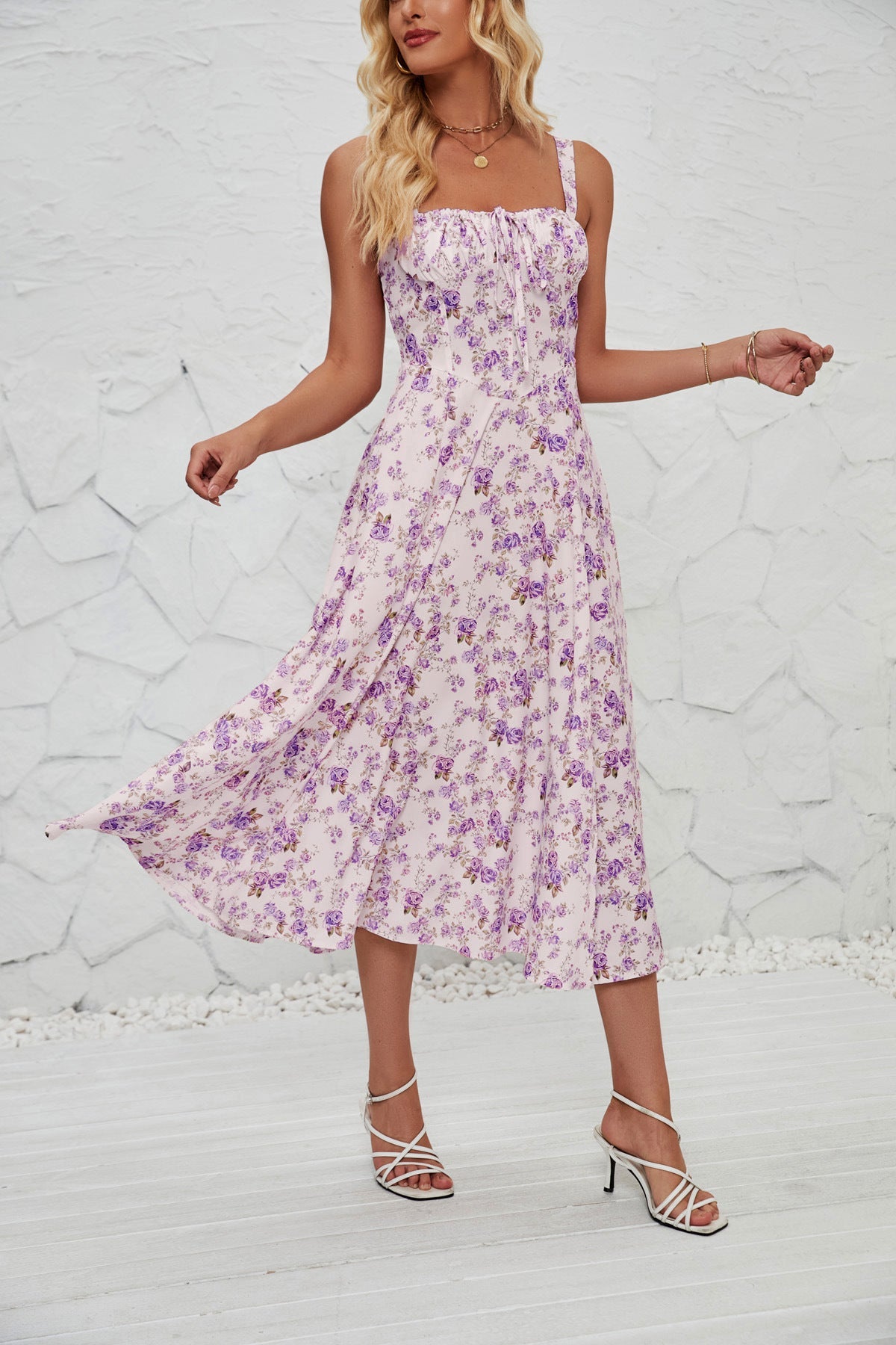 Vestido largo elegante estilo pastoral con tirantes florales