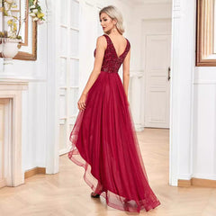 Vestido de dama de honor de gasa con escote en V doble, sin mangas, corte A, dobladillo grande, costura de lentejuelas, vestido de noche