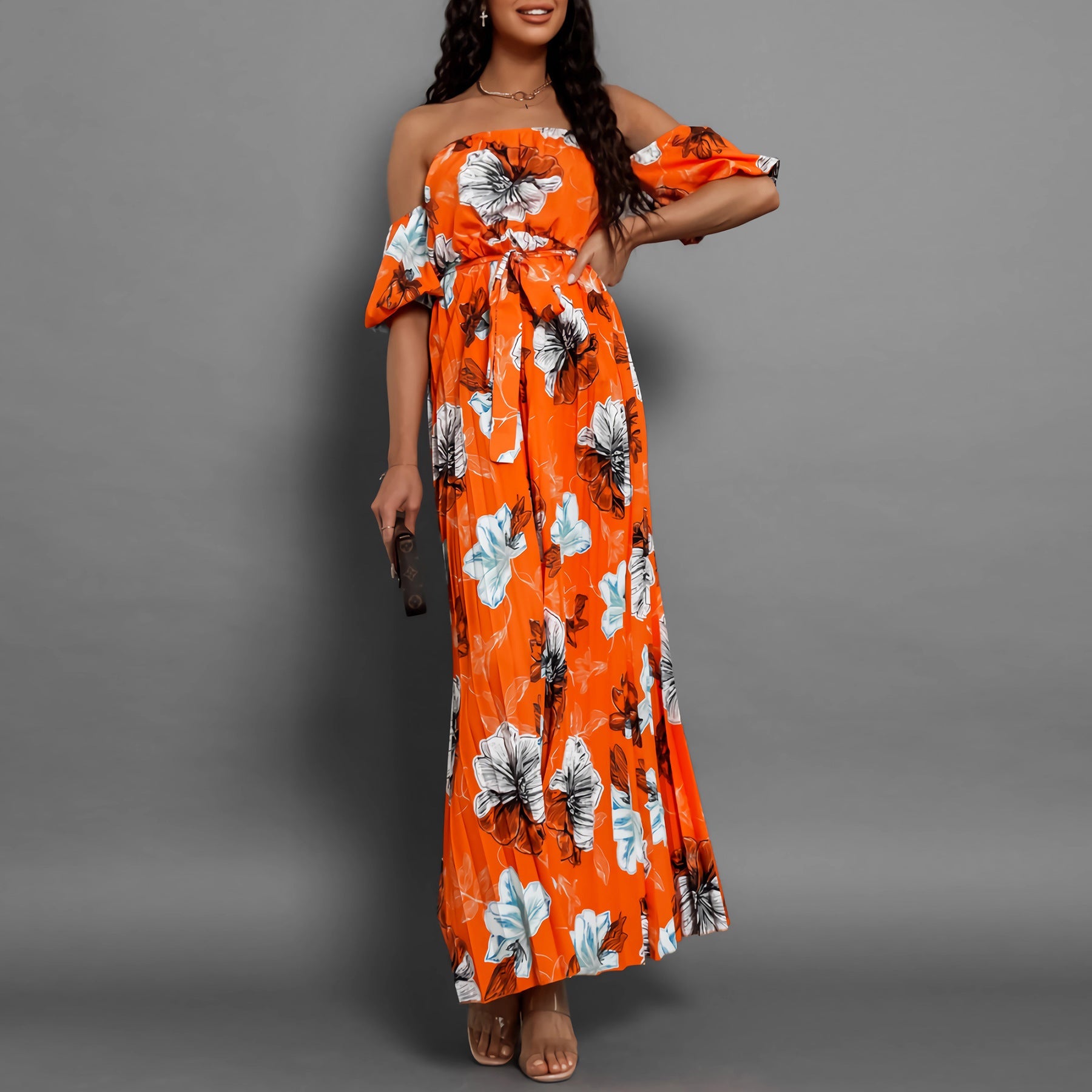 off Neck Pleated Printed Slip Shoulder Sleeve Floral Print Maxi Dress