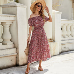 Vestido retro vacacional de manga corta con hombros descubiertos y estampado floral