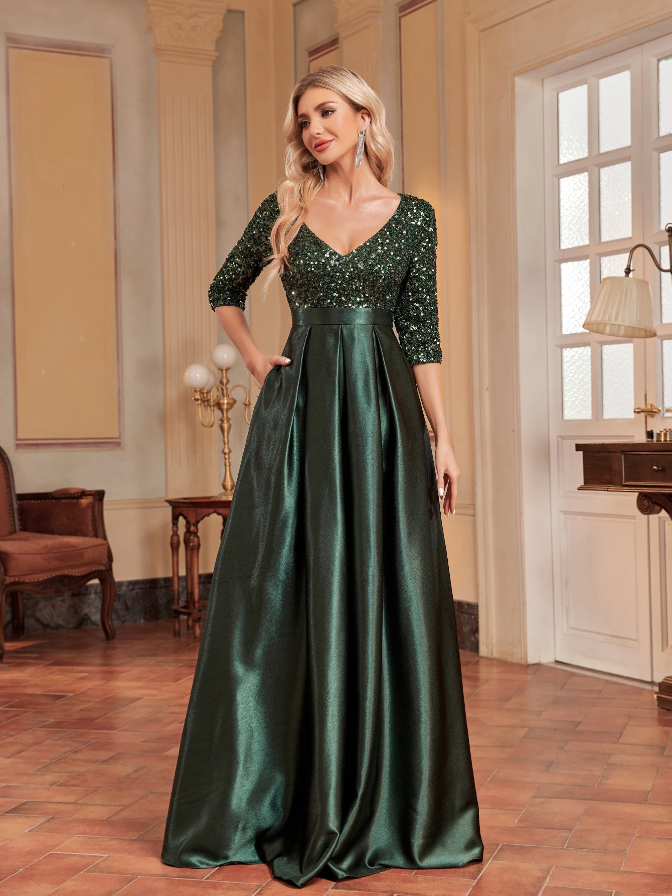 Vestido elegante de fiesta de noche con lentejuelas y manga larga con cuello en V